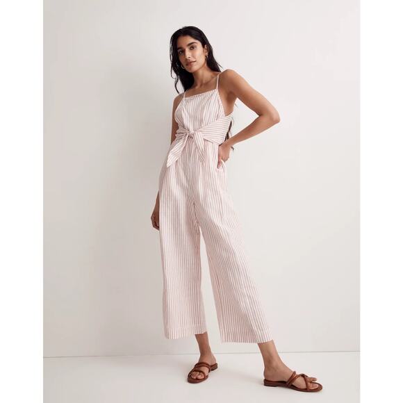 Madewell Tie Waist Crop Wide-Leg Linen Jumpsuit Size 8 White Rust Stripe